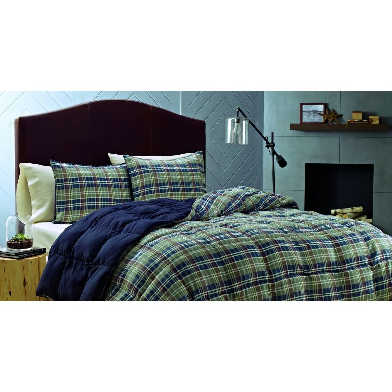 Full Navy Plaid Reversible Microfiber Comforter Set