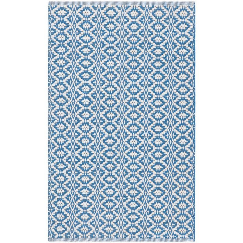 Ivory and Blue Geometric Cotton Handwoven Area Rug