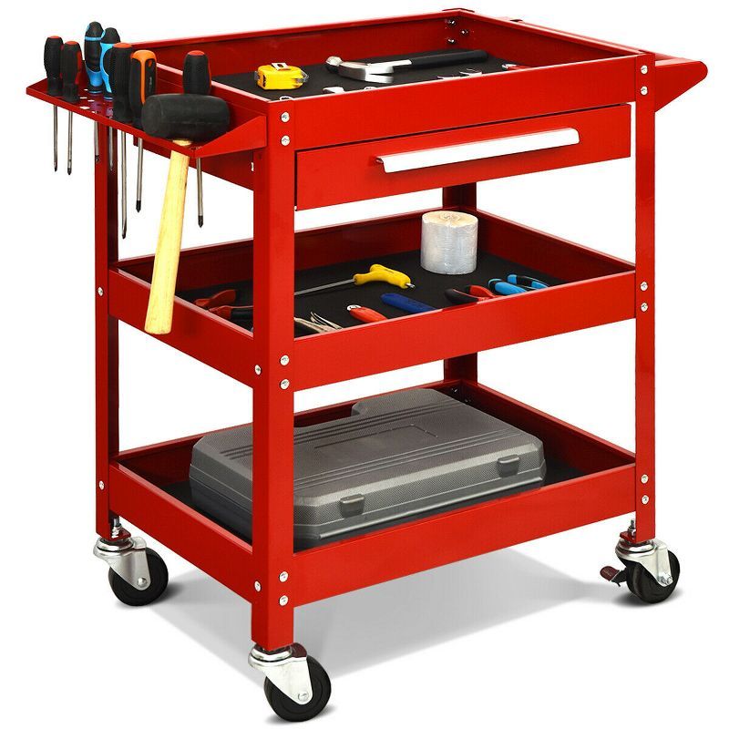 Red Steel Three Tray Rolling Utility Cart with Drawer