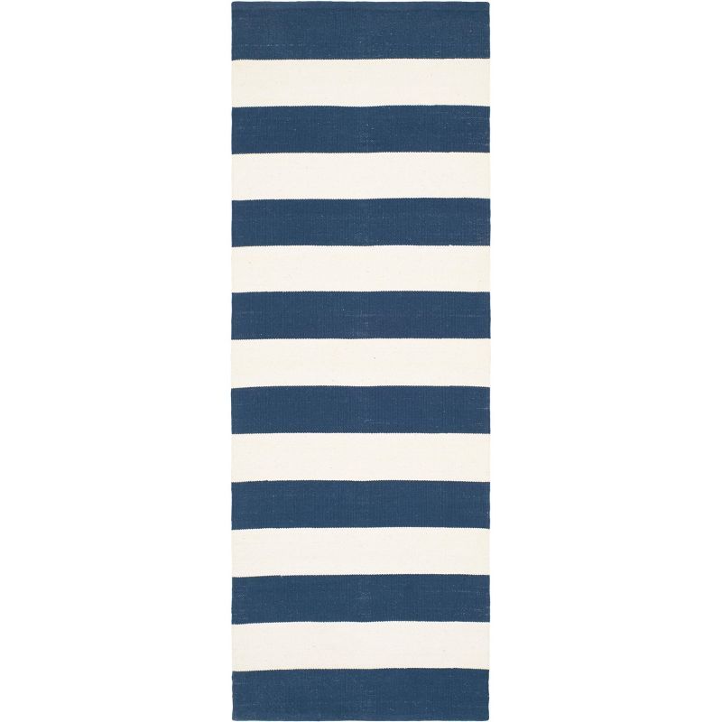 Navy and Ivory Striped Cotton Flat Woven Rug