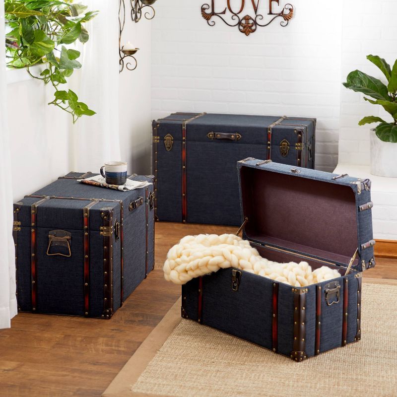 Set of 3 Blue Upholstered Linen and Leather Trunks