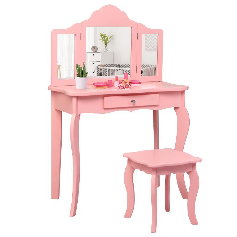 Pink MDF Kids Vanity Table and Stool Set with Tri-Folding Mirror