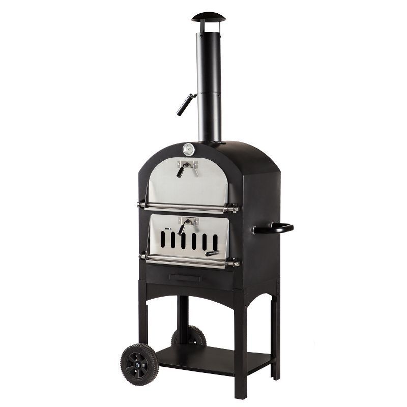 Black Steel Outdoor Charcoal Grill and Oven with Wheels