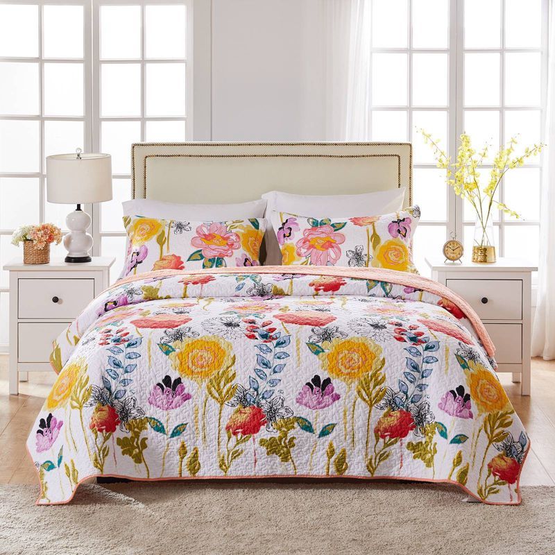 Multicolor Floral Cotton Twin Quilt and Sham Set