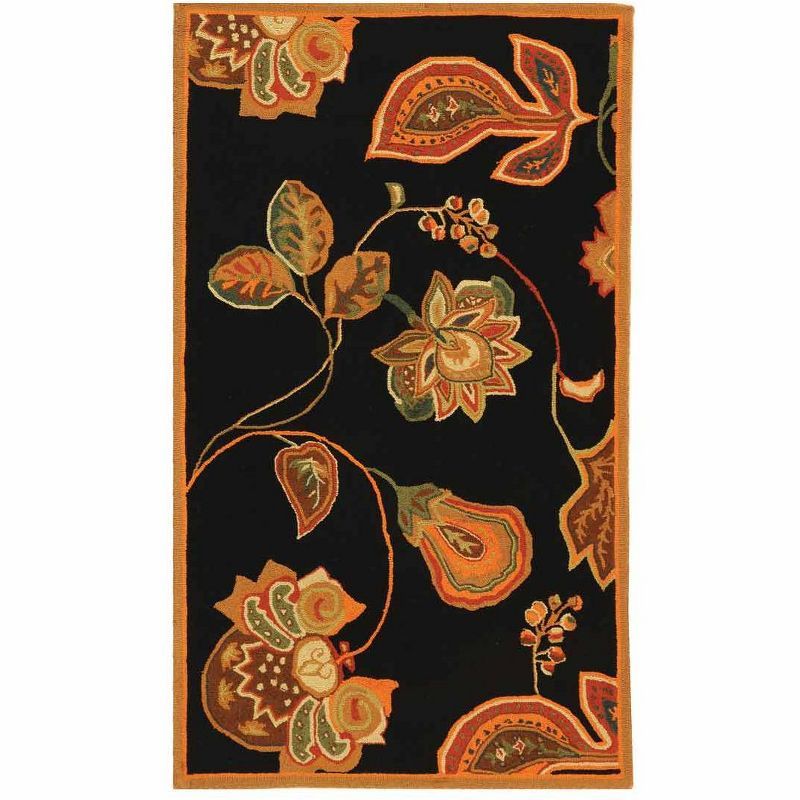 Handmade Black and Orange Floral Wool Area Rug