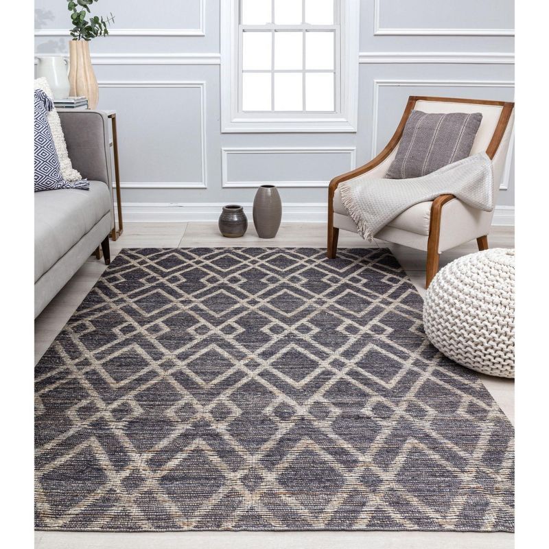 Handmade Blue and Cream Wool Diamond Pattern Area Rug 5' x 7'