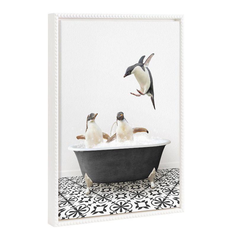 18"x24" White Framed Canvas with Penguins in Bathtub