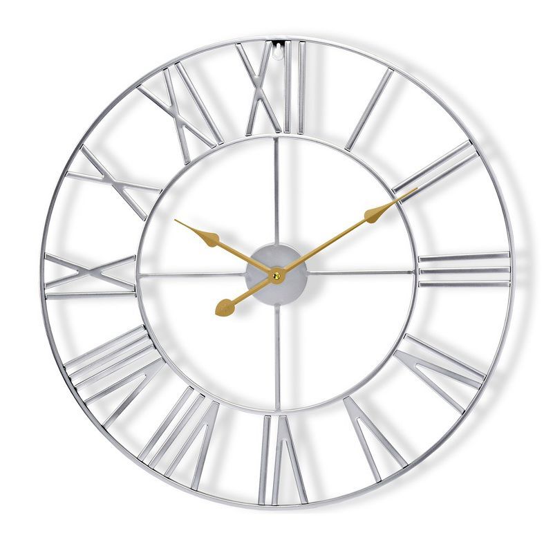 Oversized Silver Metal Roman Numeral Wall Clock