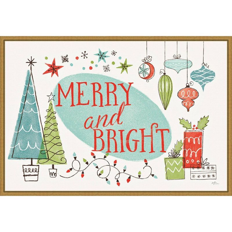 Merry and Bright Christmas Tree Canvas Print with Gold Frame