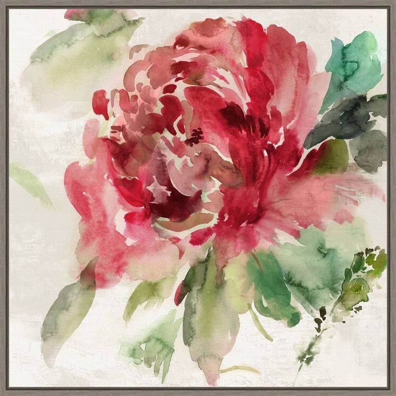 22" x 22" Dark Red Peony Framed Canvas Wall Art