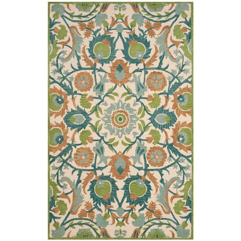 Ivory and Green Hand Tufted Wool Floral Area Rug 4'x6'