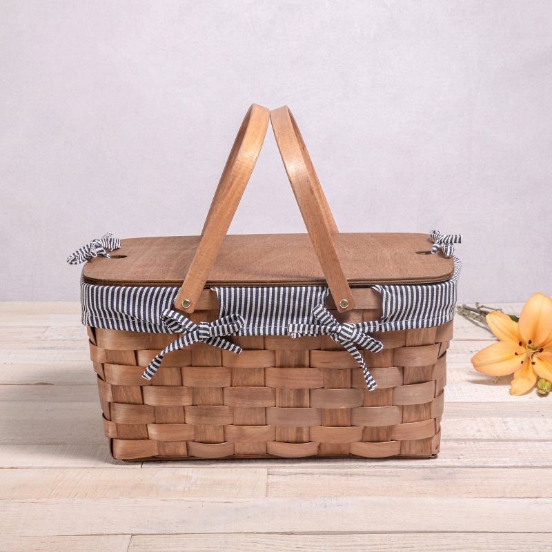 Kansas Handwoven Water Fir Wood Picnic Basket with Navy Blue and White Stripe Liner