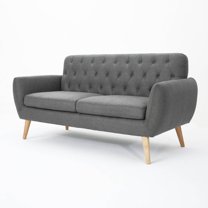 Petite Mid Century Modern Dark Gray Tufted Fabric Sofa with Solid Wood Legs