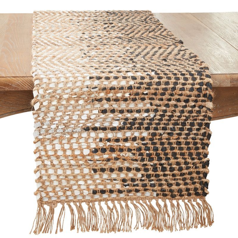 Handwoven Jute and Leather Two-Tone Table Runner