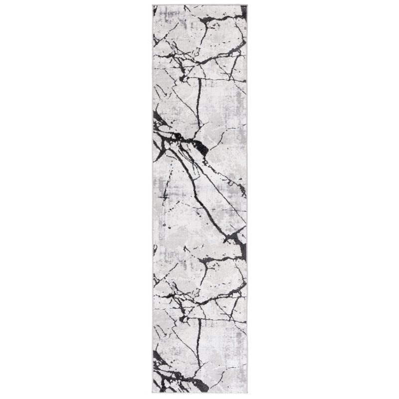 Grey and Black Abstract Synthetic Runner Rug, 2' x 14'