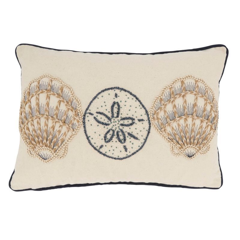 Off-White Cotton Embroidered Shells Throw Pillow Cover, 14"x20"