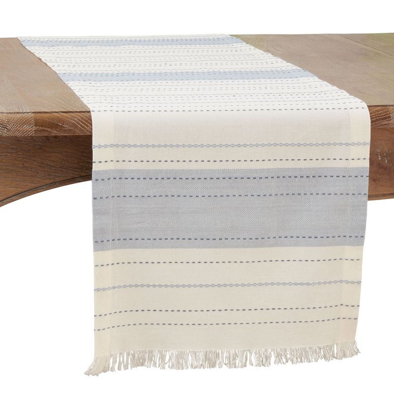 Blue and Off-White Cotton Striped Dobby Table Runner