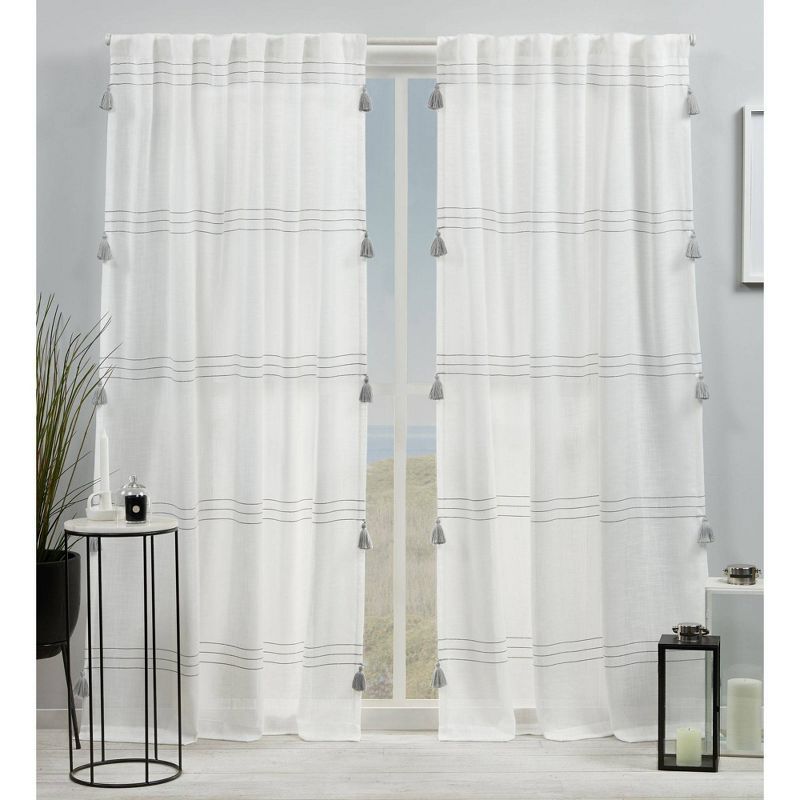 Gray Light Filtering Linen-Blend Curtain Panel with Tassels