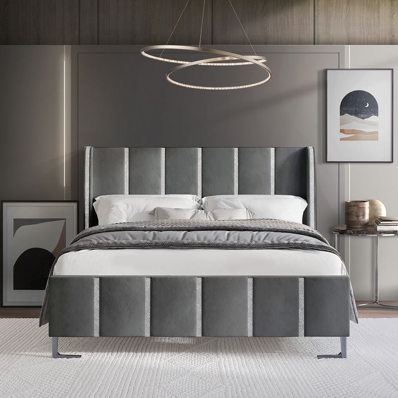 Luxurious Light Grey Velvet Queen Bed with Crystal Accents