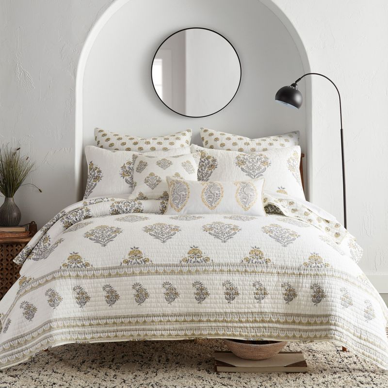 Kamira Gray and Cream Cotton Twin Reversible Quilt Set