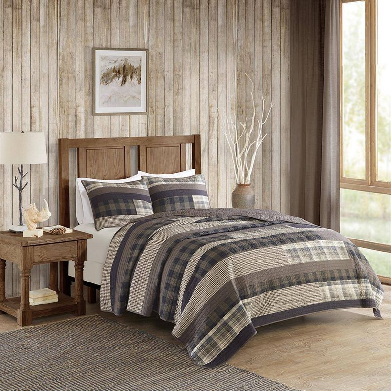 Full Brown Cotton Reversible Quilt Set with Plaid Stripes