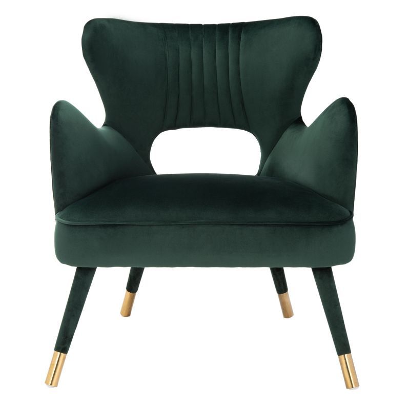 Transitional Forest Green Velvet Wingback Accent Chair with Gold Accents