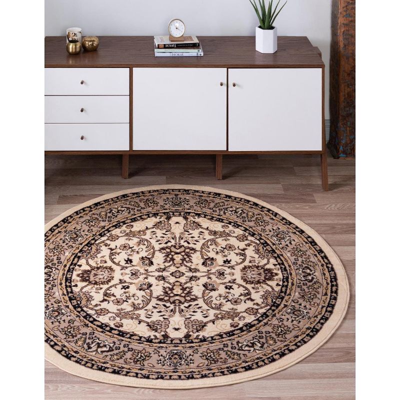 Ivory and Black Round Synthetic Stain-Resistant Area Rug