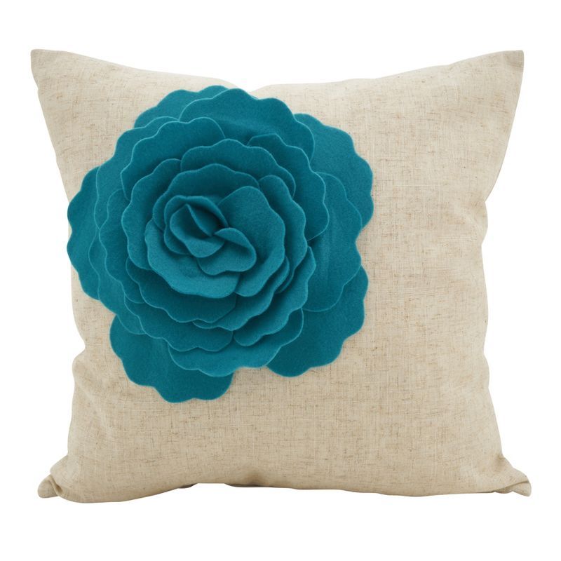 Medium Beige and Blue 3D Floral Accent Pillow