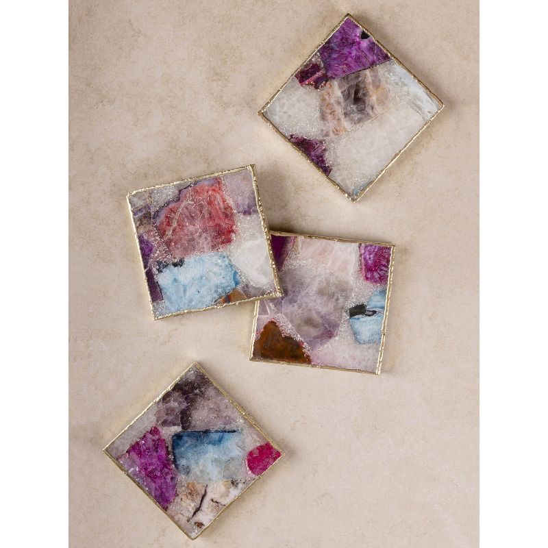 Multicolor Agate Stone Coasters with Gold Edges, Set of 4