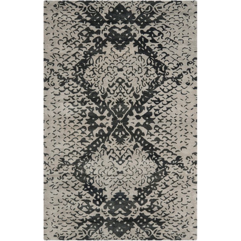 Gray and Black Handmade Wool Floral Area Rug
