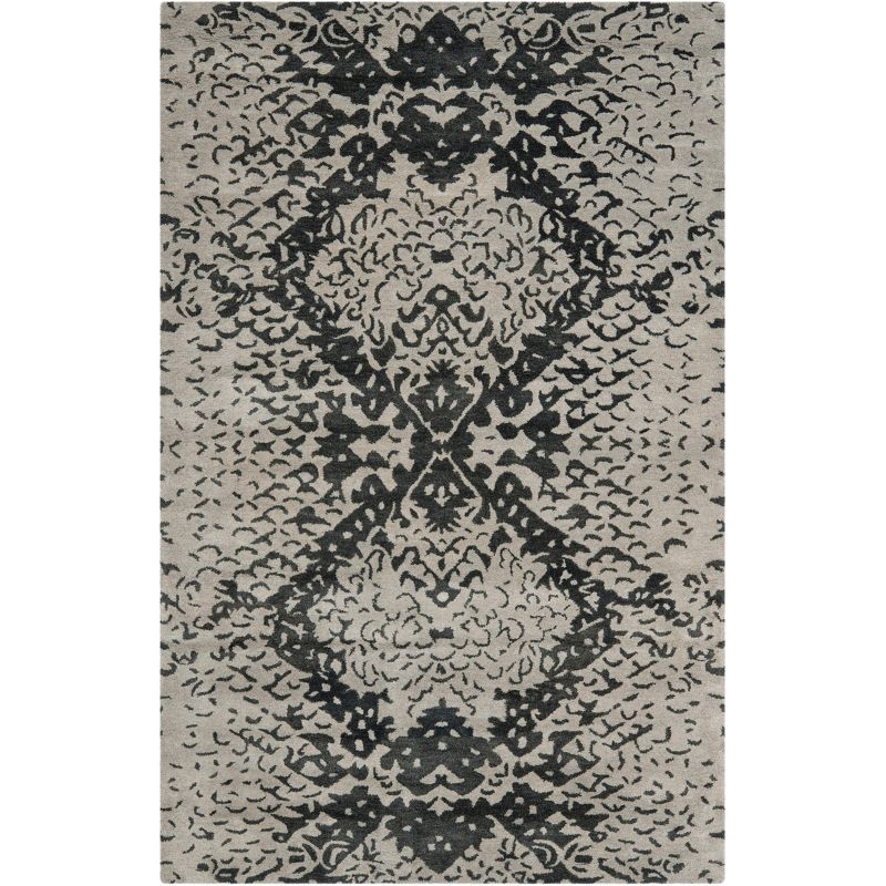 Gray and Black Handmade Wool Floral Area Rug