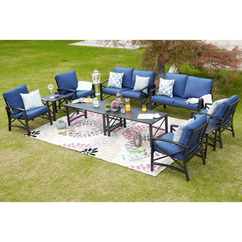 Lilburn Blue Cushioned 10-Piece Steel Patio Seating Set