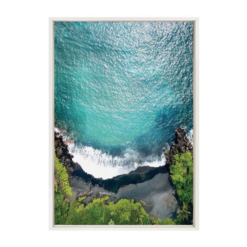 Maui Black Sand Beach Framed Canvas Wall Art, 23x33 White