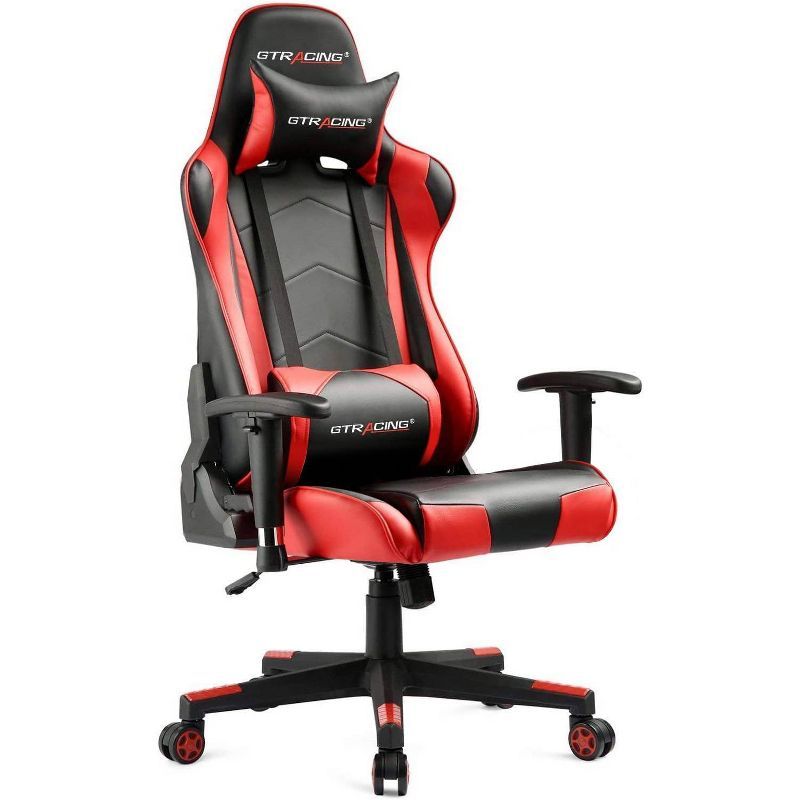 Red and Black PU Leather Gaming Office Chair with Adjustable Headrest and Lumbar Pillow