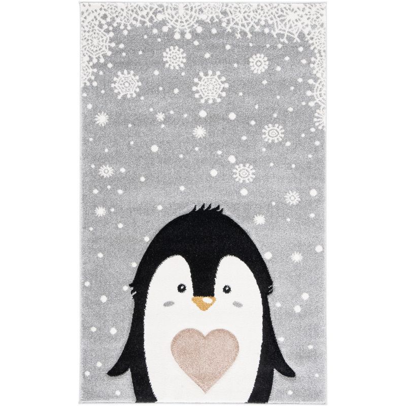 Playful Penguin Light Grey & Black Non-Slip Kids Rug - 2' x 3'