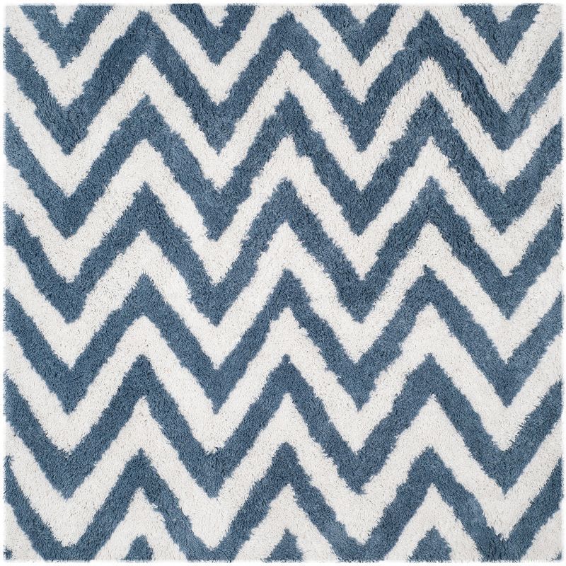 Ivory and Blue Hand-Tufted Cotton Shag Area Rug, 7' x 7'