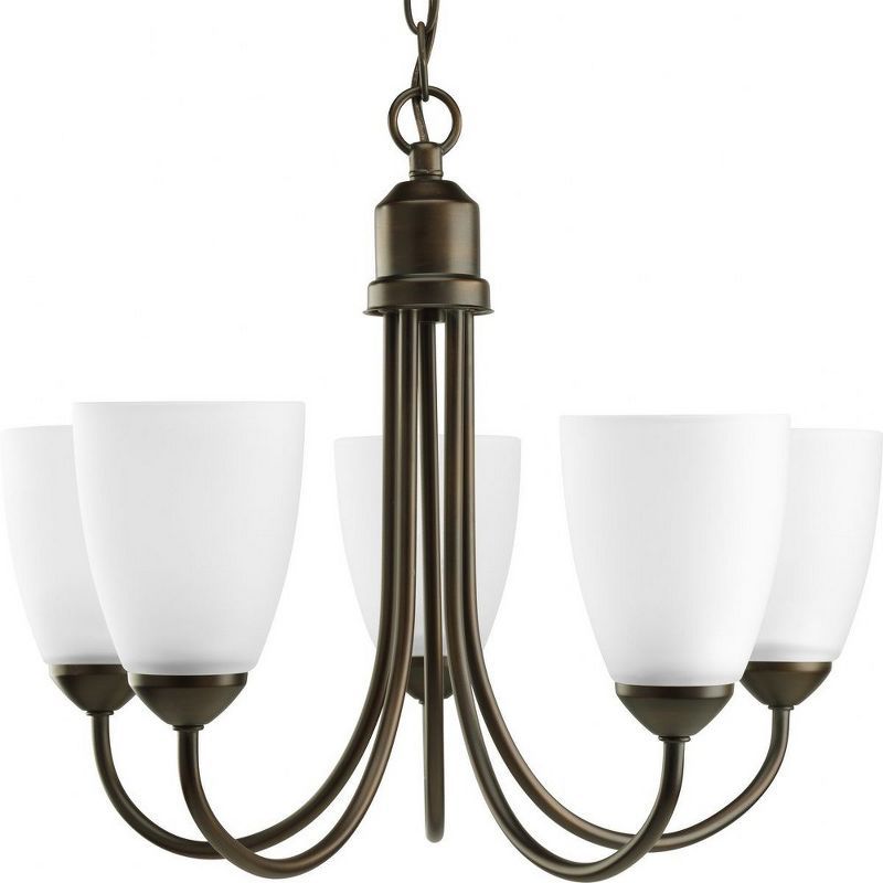 Antique Bronze 5-Light Chandelier with White Etched Glass Shades