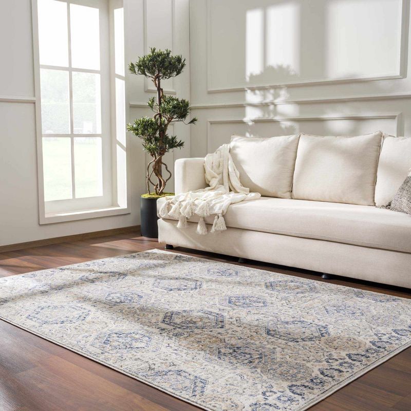 Burnettsville Beige and Blue Medium Pile Synthetic Area Rug 6'7" x 9'