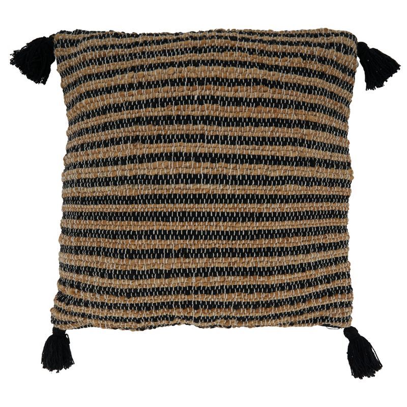 Black and Tan Striped Cotton Tassel Pillow Cover