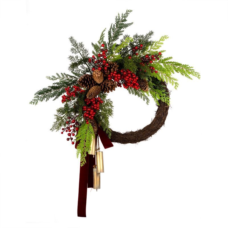 24" Artificial Christmas Wreath with Pine Cones and Chimes