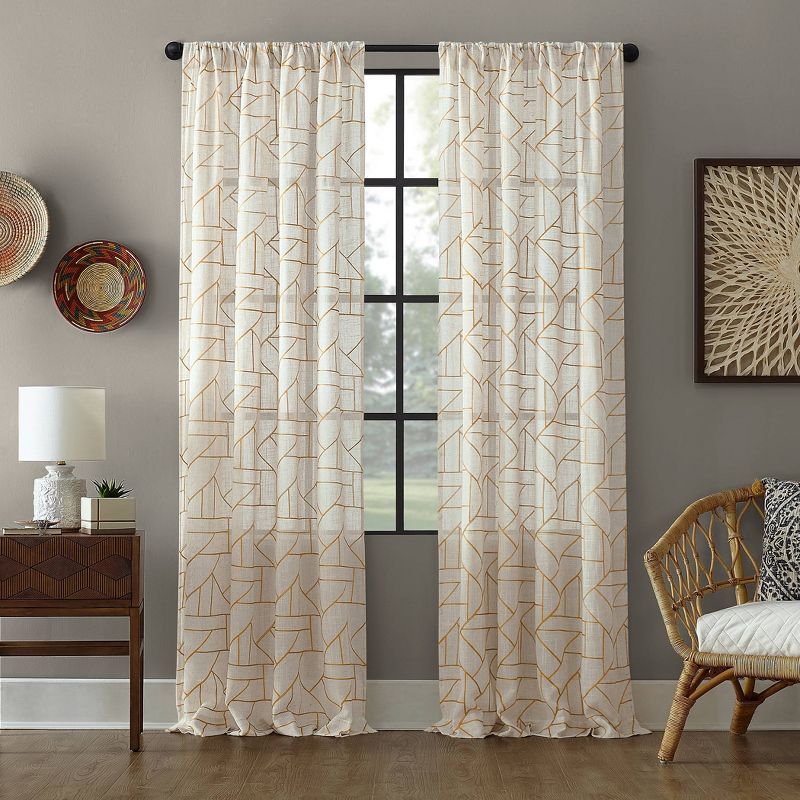 Gold and Linen Light-Filtering Geometric Rod Pocket Curtain Panel