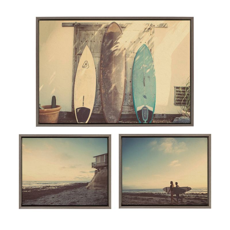 Gray Coastal Beach Surfboards and Surfers Framed Canvas Art Set