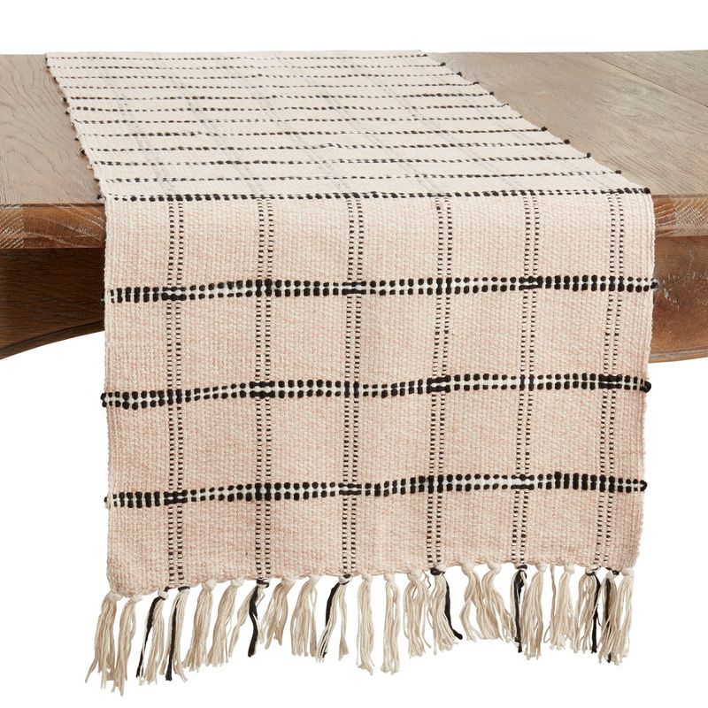 Beige Cotton Checkered Table Runner with Fringe, 16" x 72"