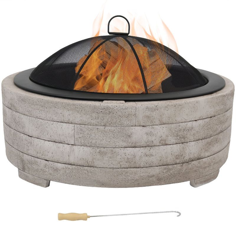 Large Round Gray Faux Stone Wood-Burning Fire Pit with Handles