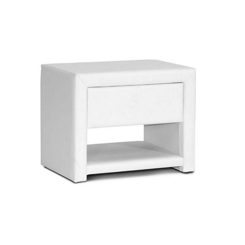 Petite Massey White Faux Leather Modern Nightstand with Single Drawer