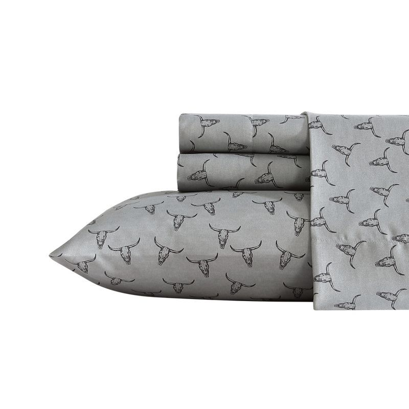 Gray Microfiber Queen Sheet Set with Steer Skull Print