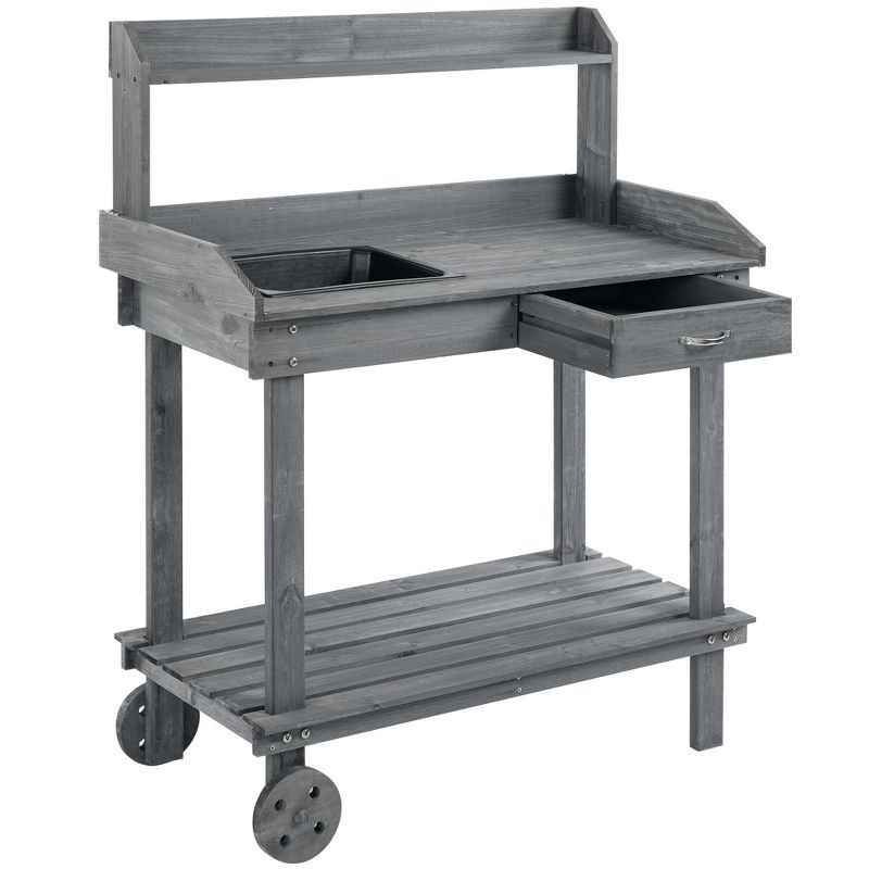 Gray Wooden Potting Bench with Sink and Storage