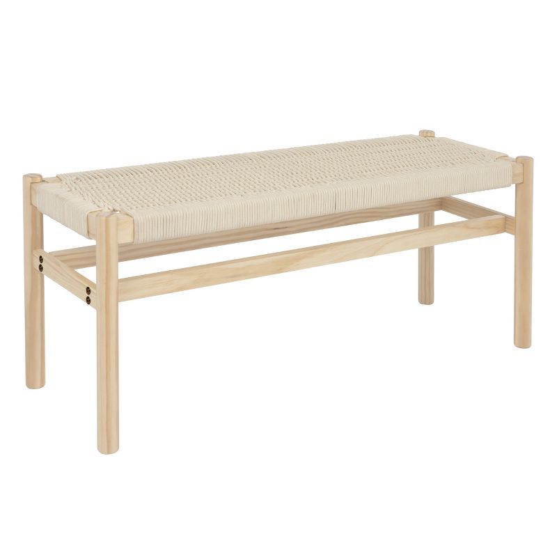 Cream Solid Wood and Woven Rope Entryway Bench with Storage