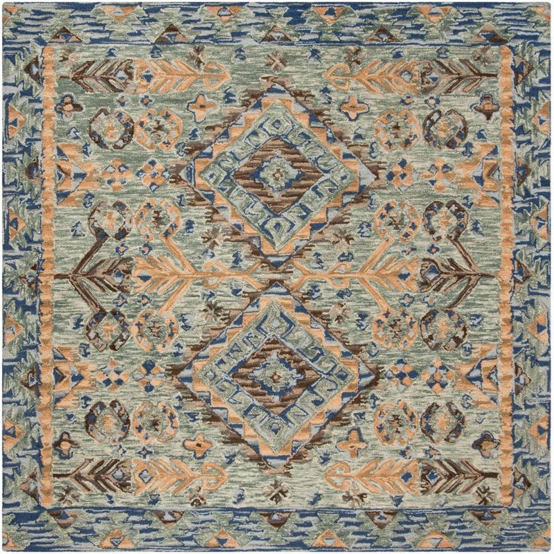 Handcrafted Rustic-Chic Blue Square Tufted Wool Rug - 3' x 3'