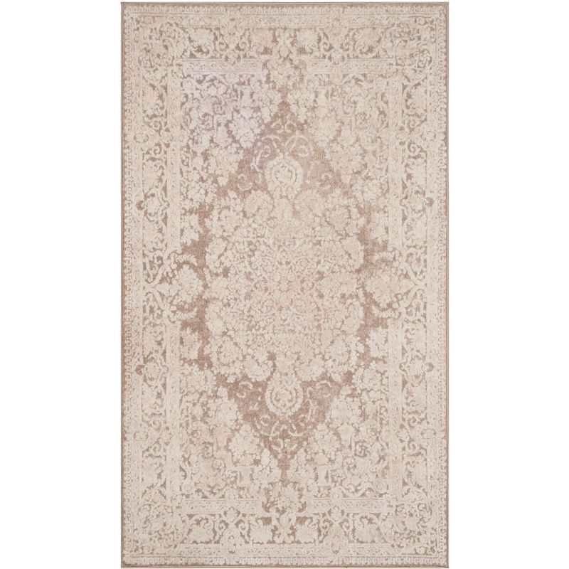 Beige and Cream Hand-Knotted Synthetic Area Rug